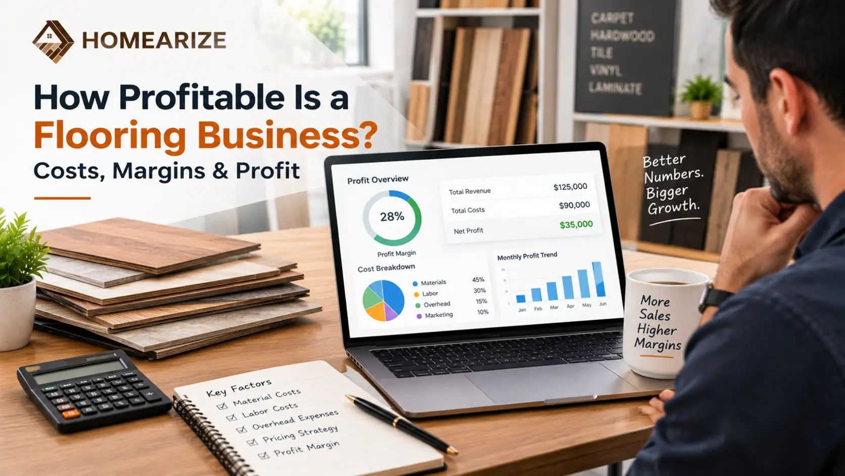 Flooring business owner reviewing costs and profit margin on a laptop