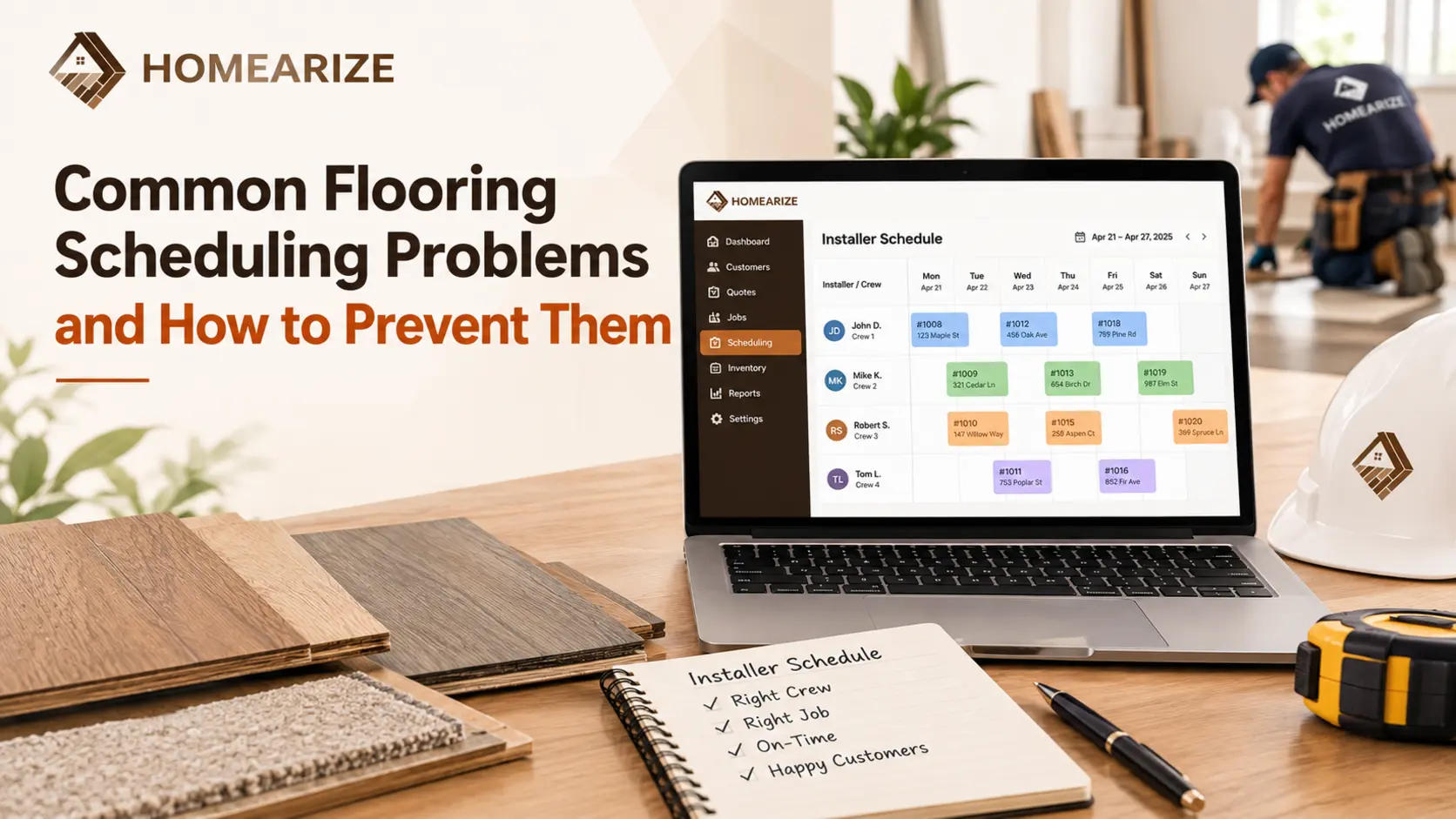 Flooring installer schedule showing crew assignments and job dates