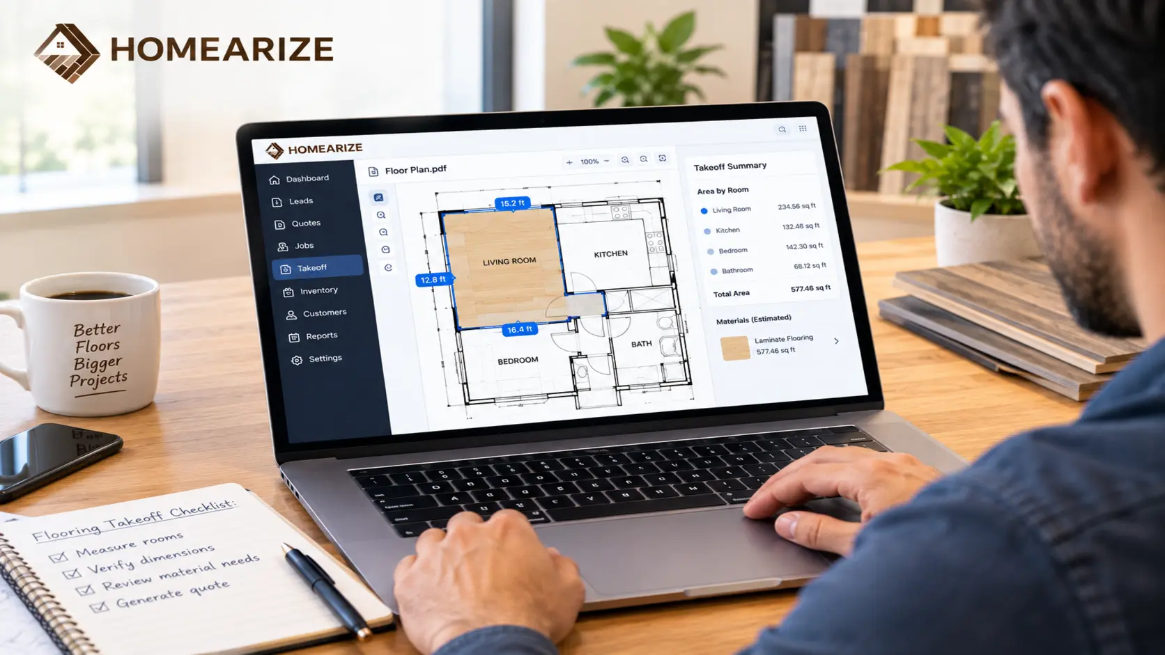 Digital flooring takeoff measuring a room directly from a PDF floor plan