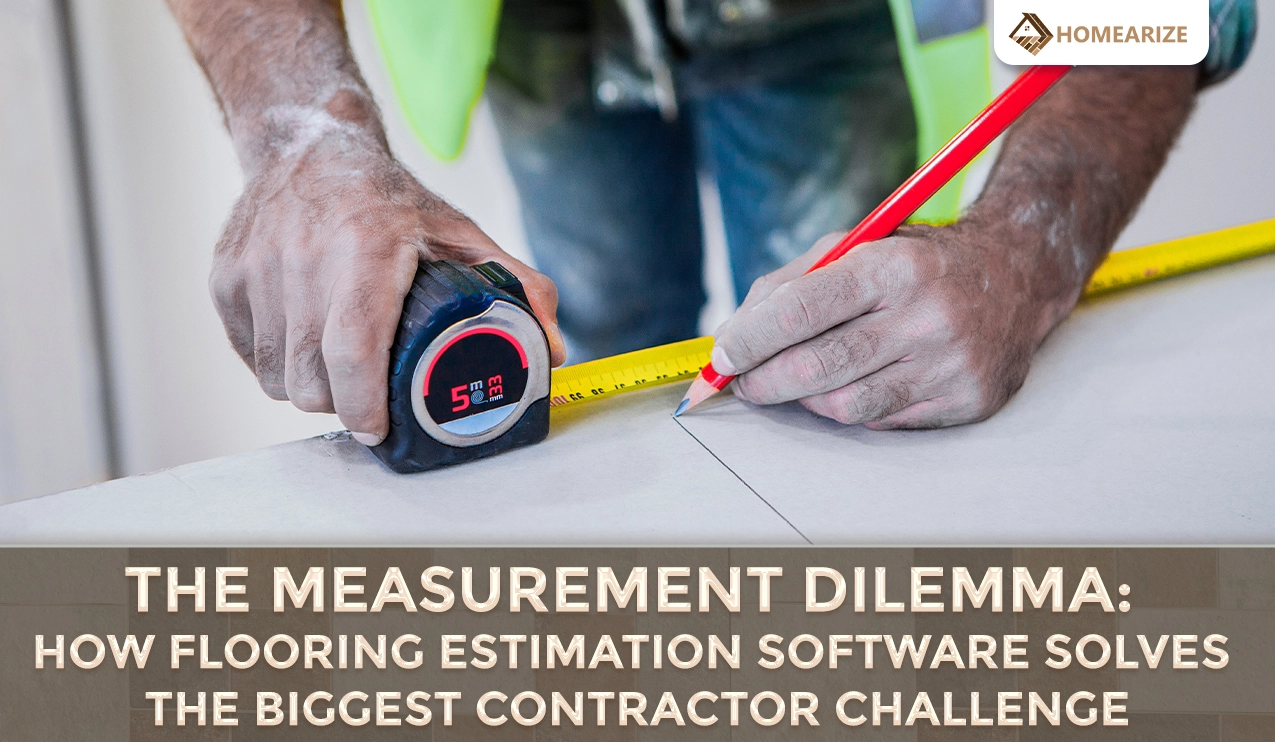 Contractor measuring flooring material to highlight estimating challenges