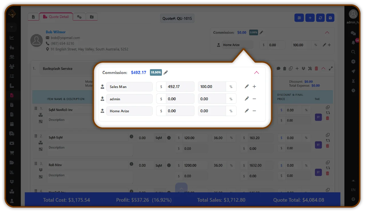 Detailed quote showing commission structure, itemized costs for carpet and tile services, total sales, and profit margins for a customer.