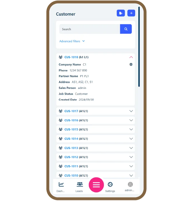 Mobile interface displaying a customer management dashboard with customer details, advanced filters, and job status information of homearize software.